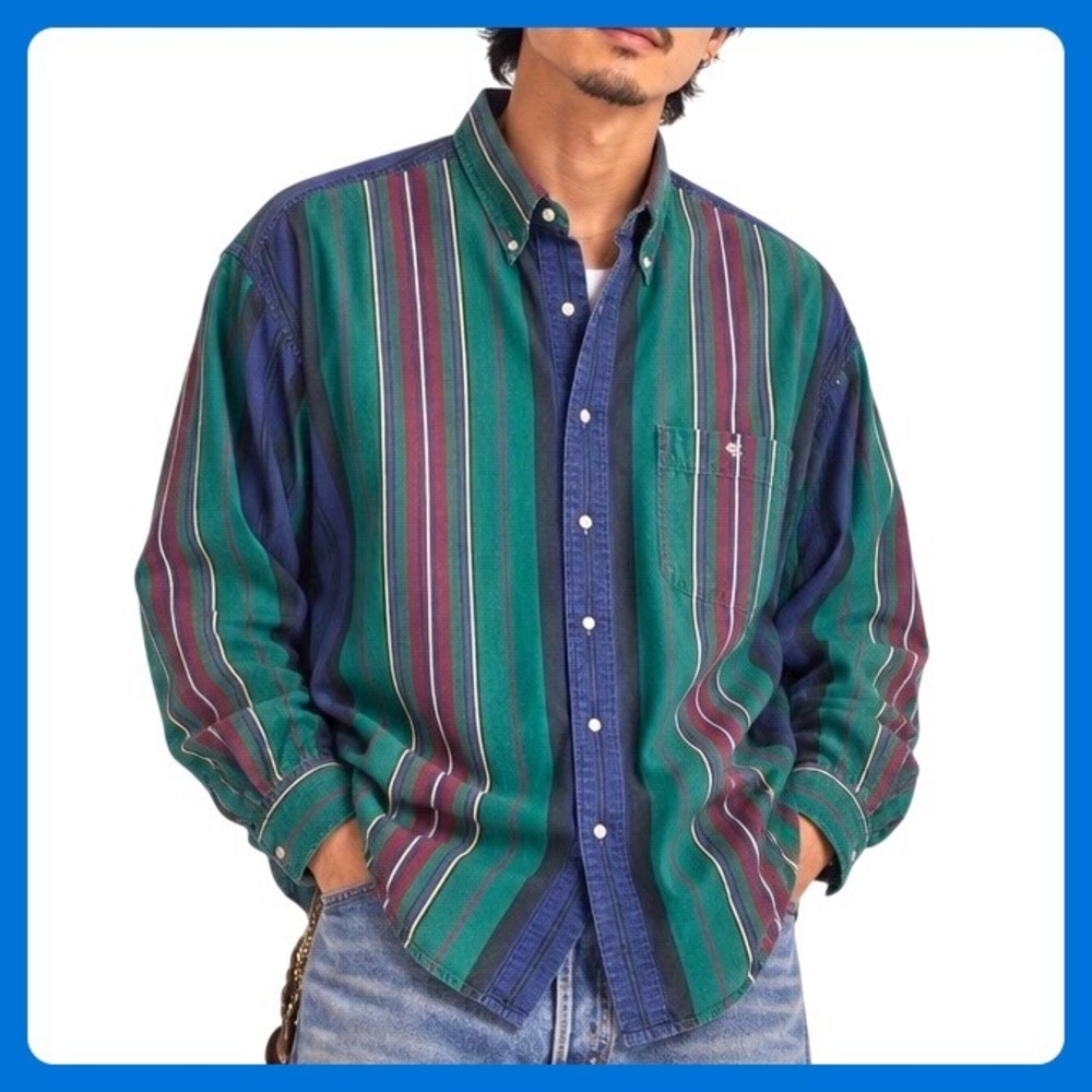 Vintage GANT Salty Dog Shirt Men XL Green Blue Striped Baggy Button Down Preppy